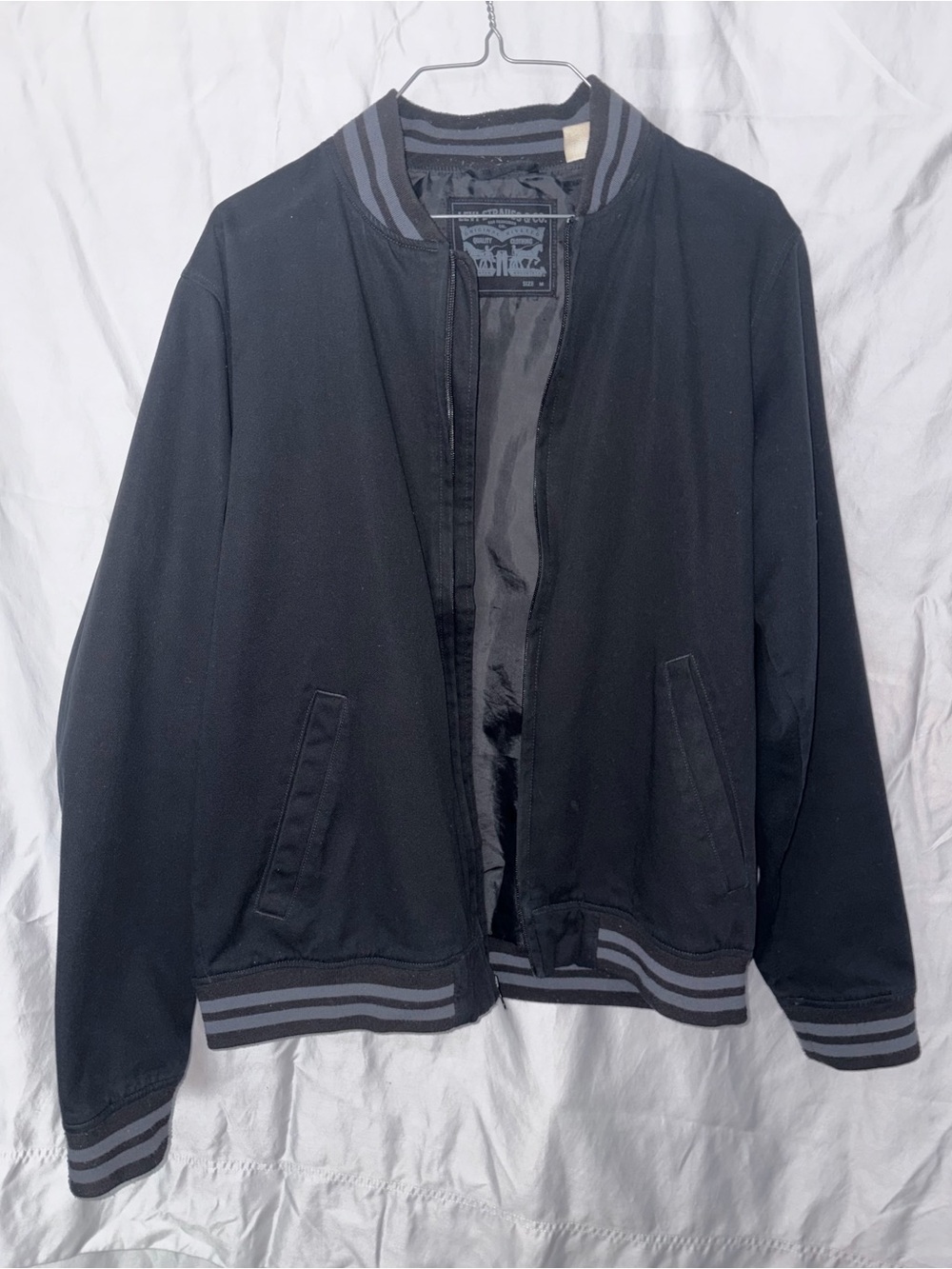 Men's Black Bomber Jacket with Striped Rib Trim